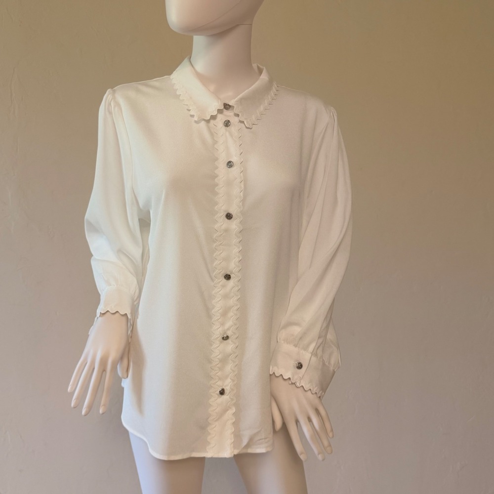 Karl Lagerfeld Paris Women's White Rickrack Trim Blouse Anchor Buttons Size XL